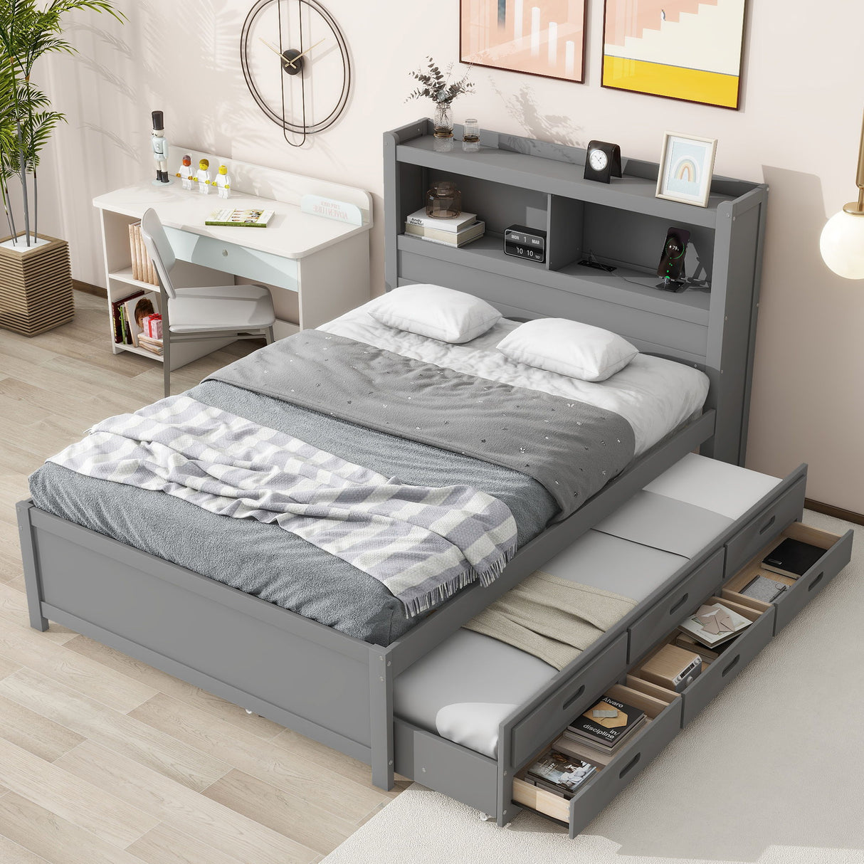 Platform Bed With Trundle, Drawers, USB Ports And Built In Shelves