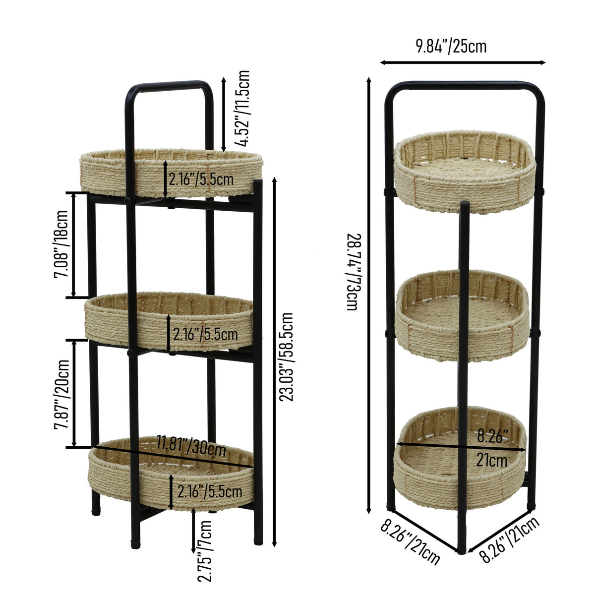 Farmhouse Style 3 Tiers Tray Tables Paper Rope Woven Side Table With Oval Storage Basket - Natural
