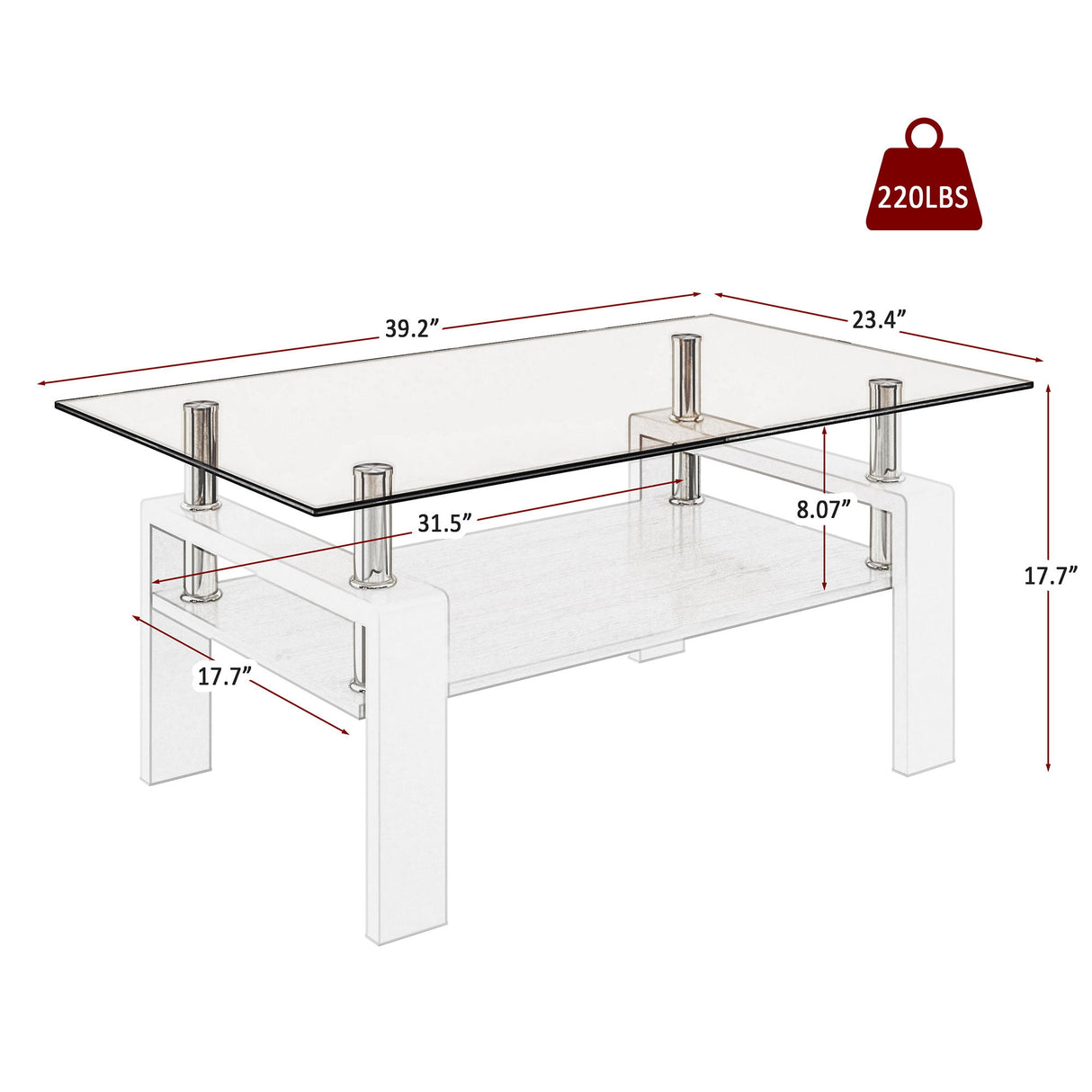 Modern Rectangular Coffee Table With Tempered Glass Top Layer, Table For Living Room - Brown / White
