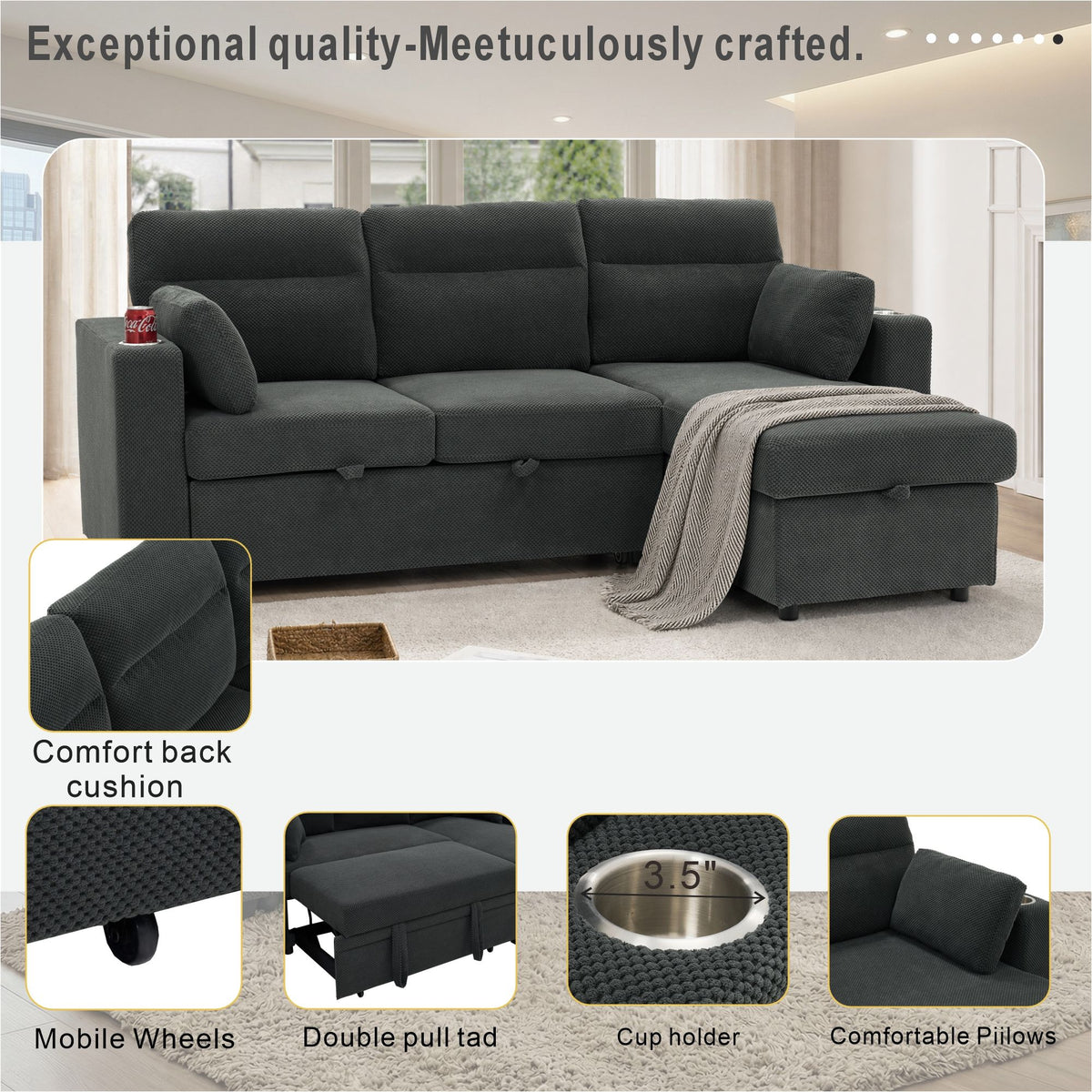 Convertible Sectional Sofa With Storage Chaise, Cup Holders And Pull Out Sleeper