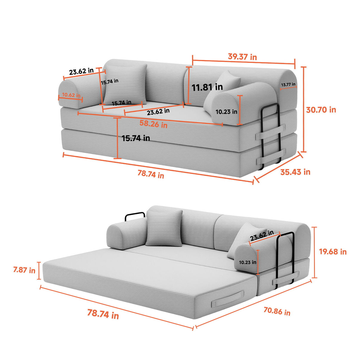 Convertible Sleeper Sofa Bed, Fixed Shape Frame For Living Room - Orange
