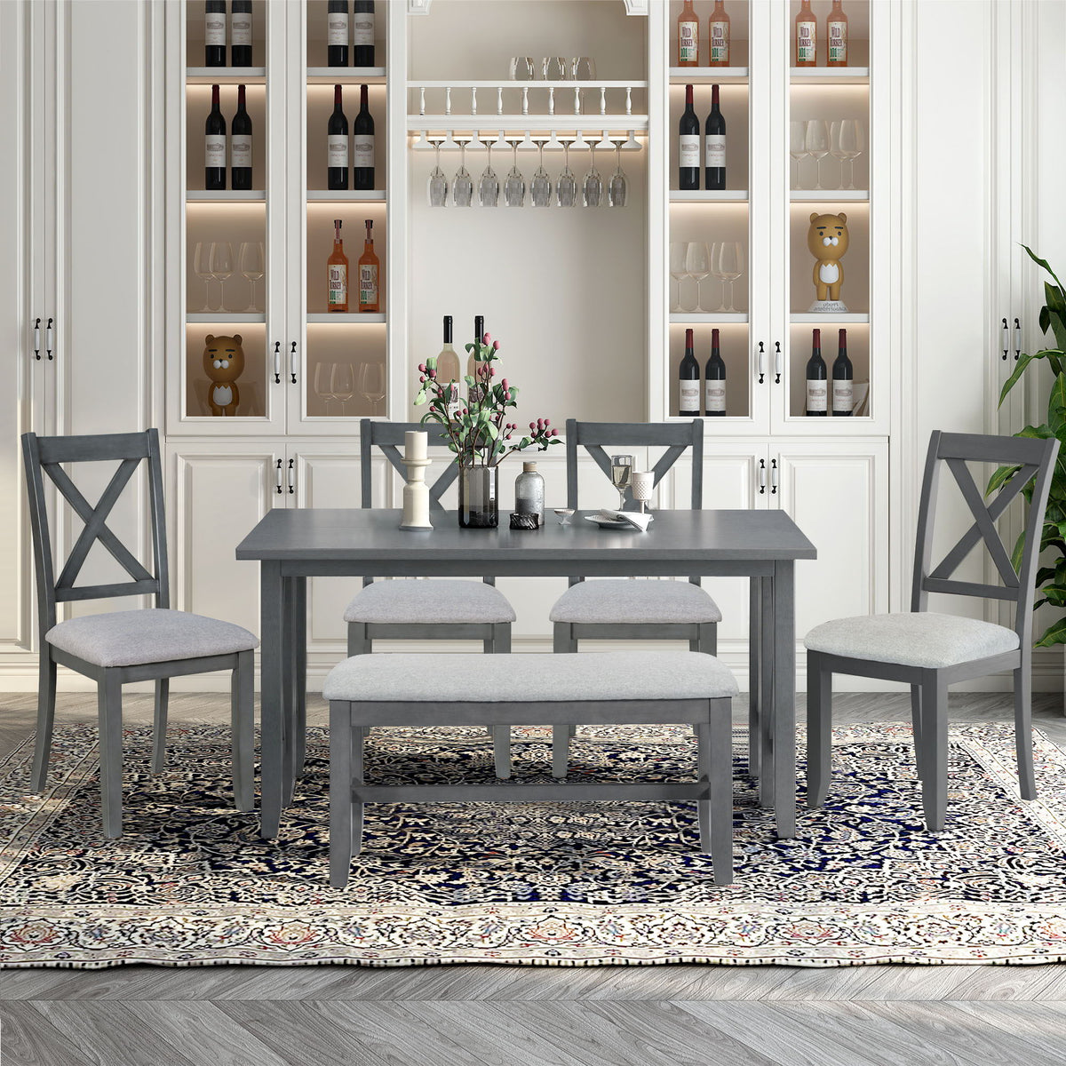 Foldable Dining Set For 6 With 4 Chairs And Bench, Space Saving Design - Gray