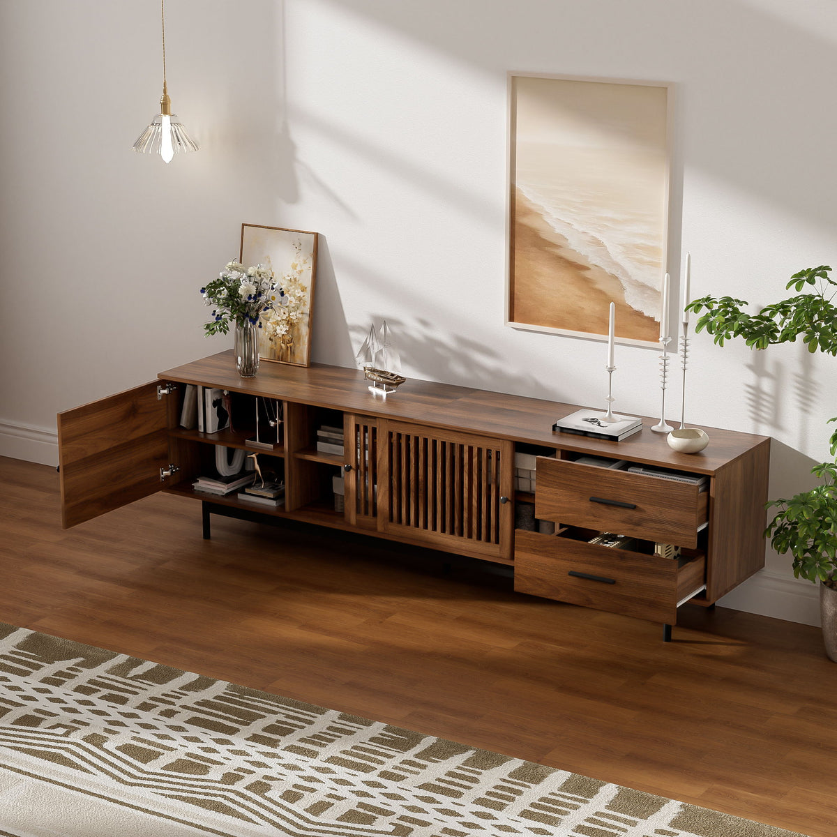 TV Stand, Media Console With 2 Drawers, Soft Closing Hinges, Adjustable Shelves, Slatted Design - Walnut
