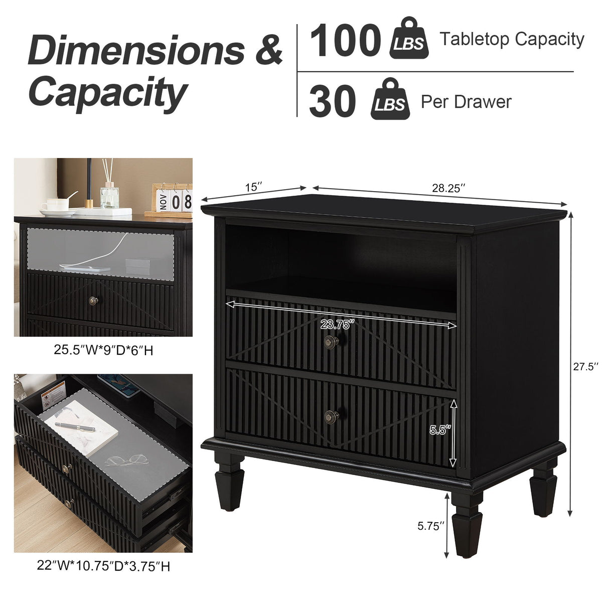 Nightstand With Charging Station, 2 Drawer Bedside Table - Black