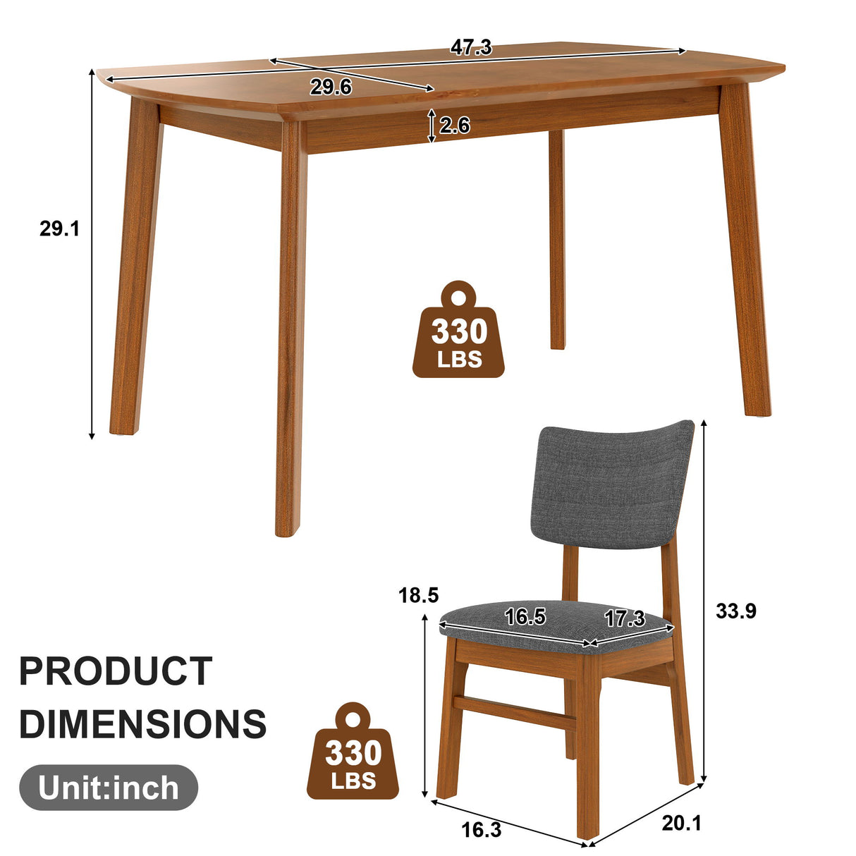 Dining Table Set For 4, Solid Wood Dining Table And Solid Wood Chairs, 5 Pieces Farmhouse Dining Table And 4 Upholstered Chairs - Brown / Gray