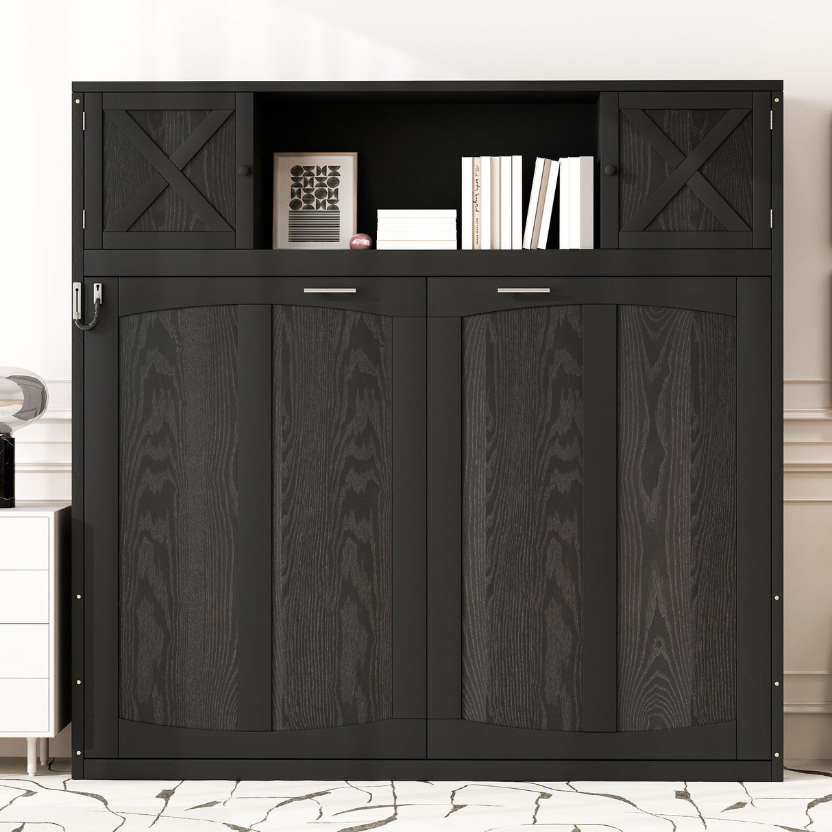 Full Size Murphy Bed With Storage Cabinets - Black