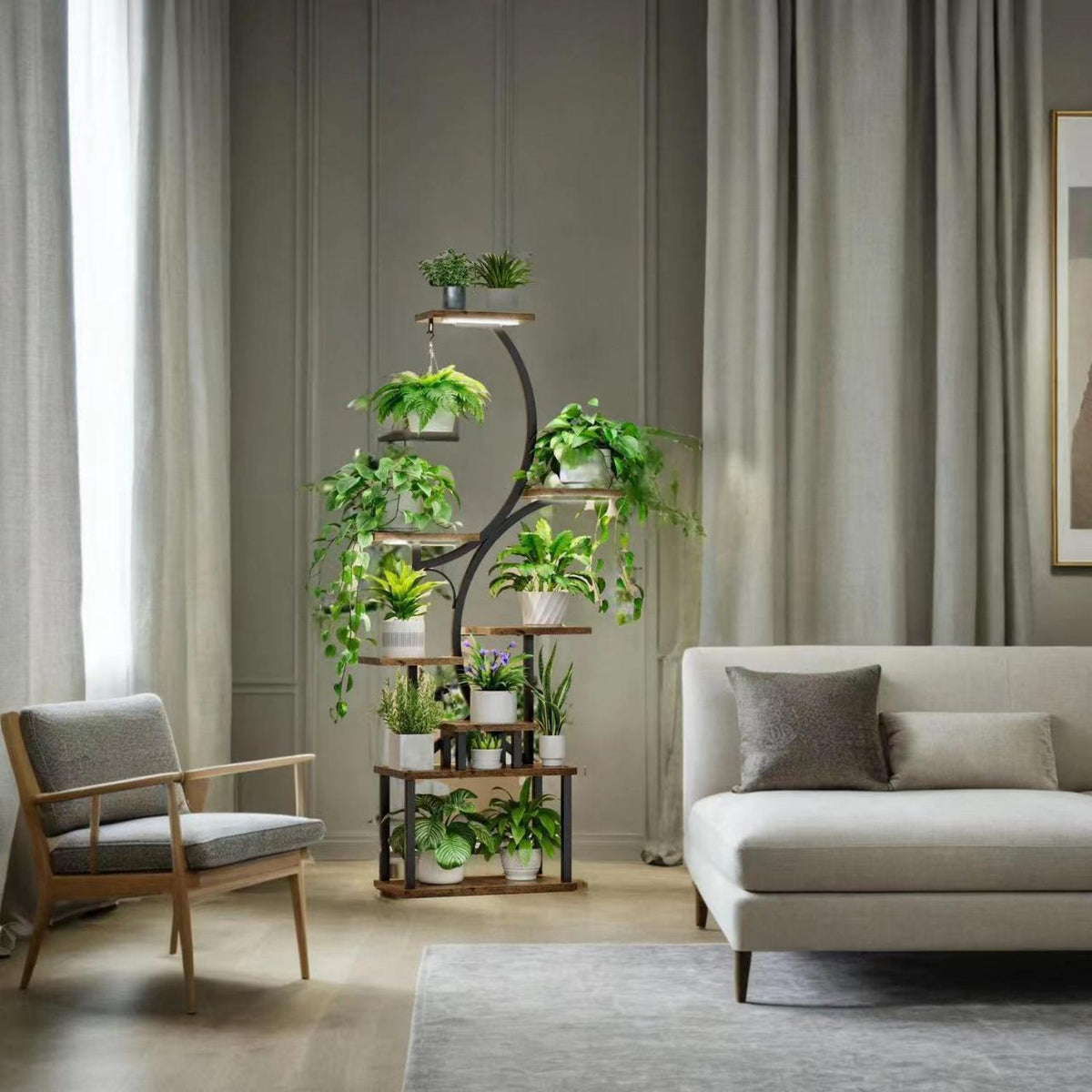 8 Tier Indoor Plant Stand With Grow Lights, S Shaped Metal Shelf For Multiple Plants - Black / Dark Walnut