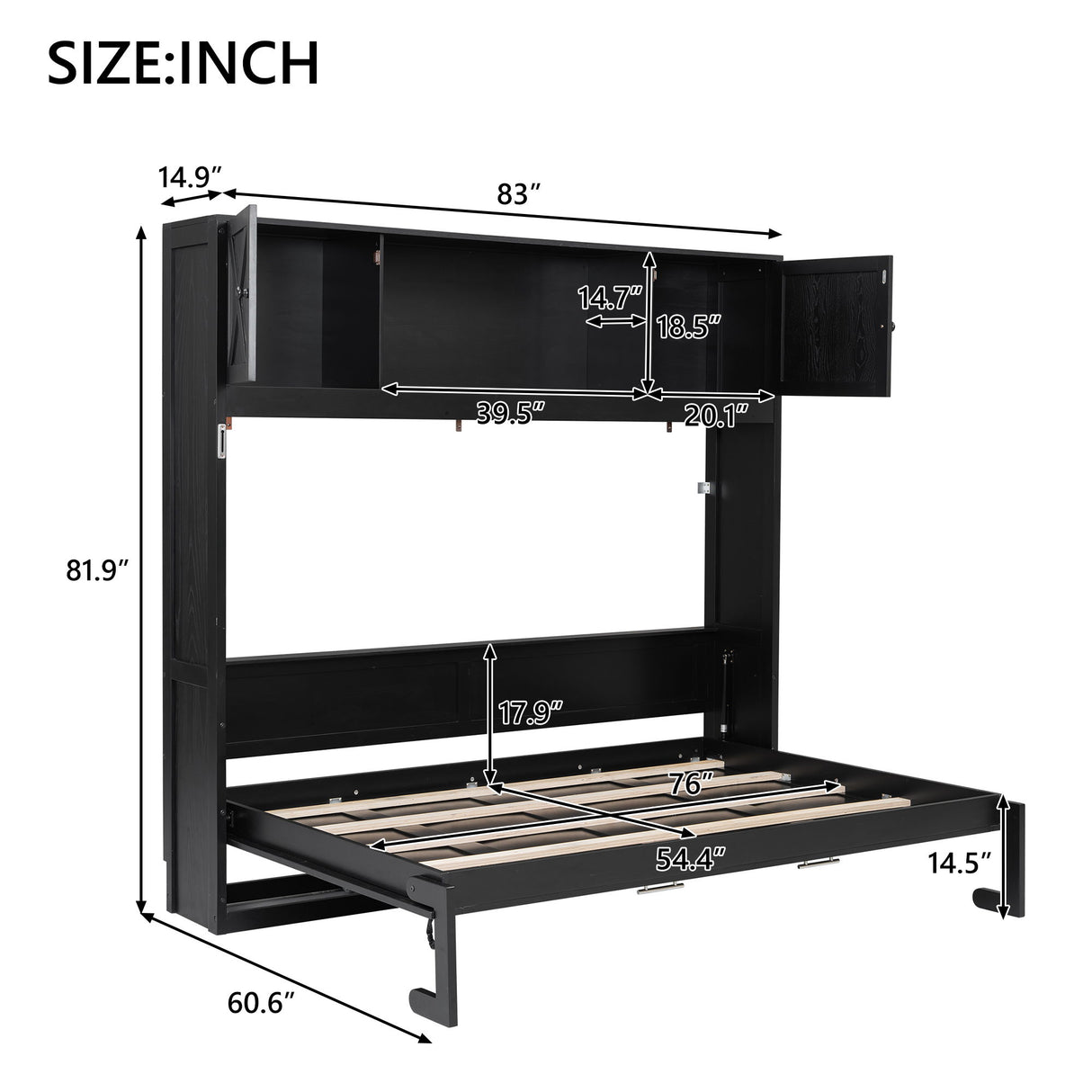 Full Size Murphy Bed With Storage Cabinets - Black