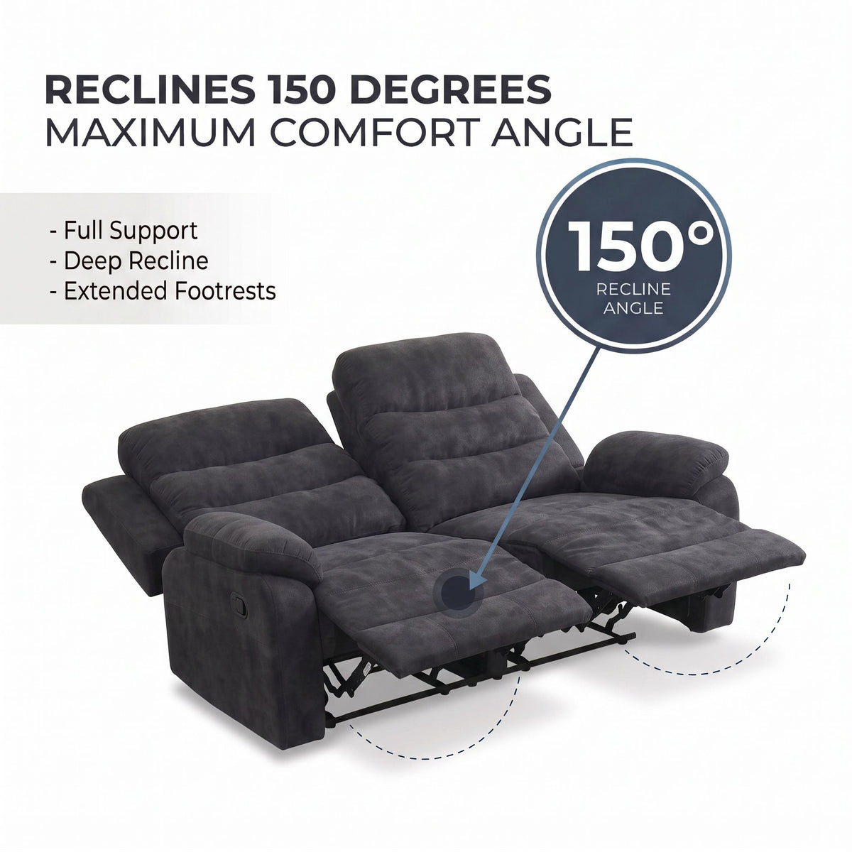 2 Seat Manual Recliner Loveseat With 150° Deep Recline, For Small Living Spaces - Dark Gray