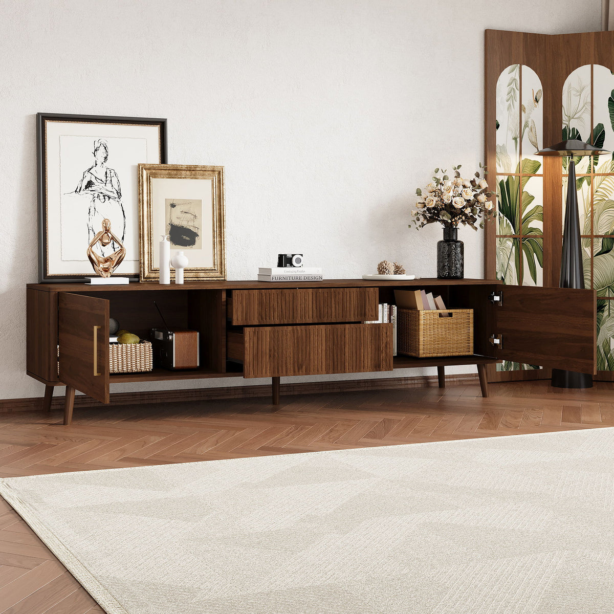 TV Stand With 2 Drawers, Media Console Table - Walnut