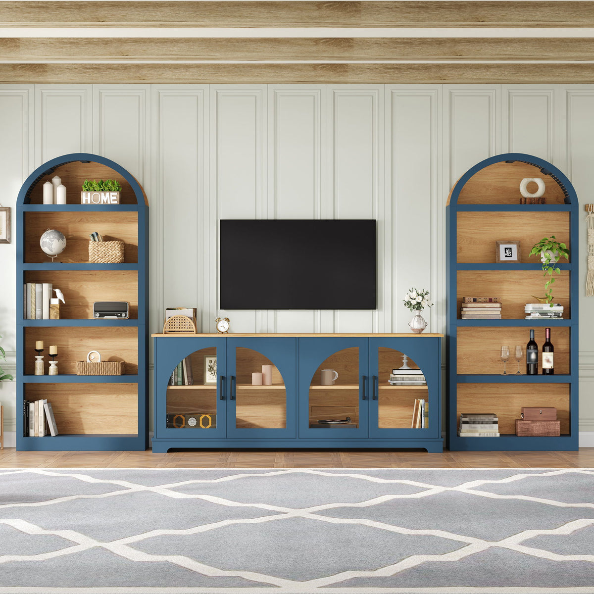 3 Piece TV Stand Set With Bookshel, Entertainment Center With Arched Design