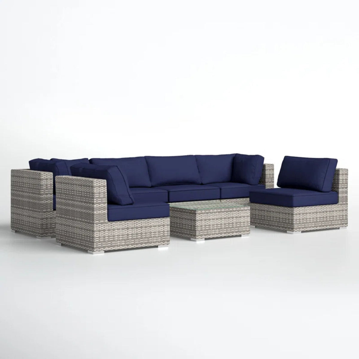 6 Person Patio Set With Premium Cushions And Rattan Wicker Frame - Dark Blue / Gray Mix