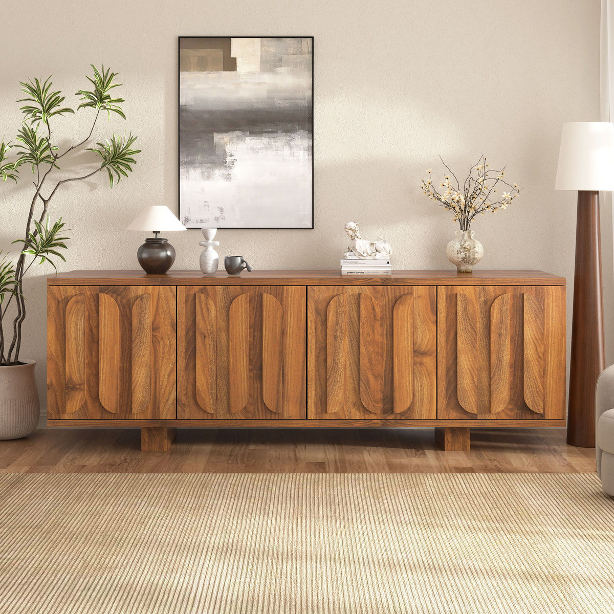 TV Stand, Storage Media Console With Adjustable Shelves & 3 Cable Holes For Living Room - Brown