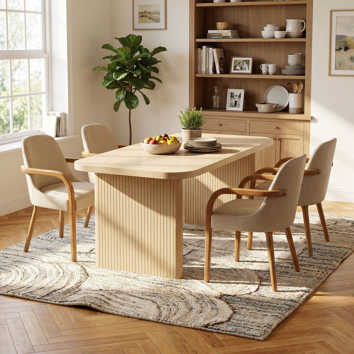 5 Piece Indoor Dining Set With Fluted Table & Chairs - Khaki / Light Oak / Natural