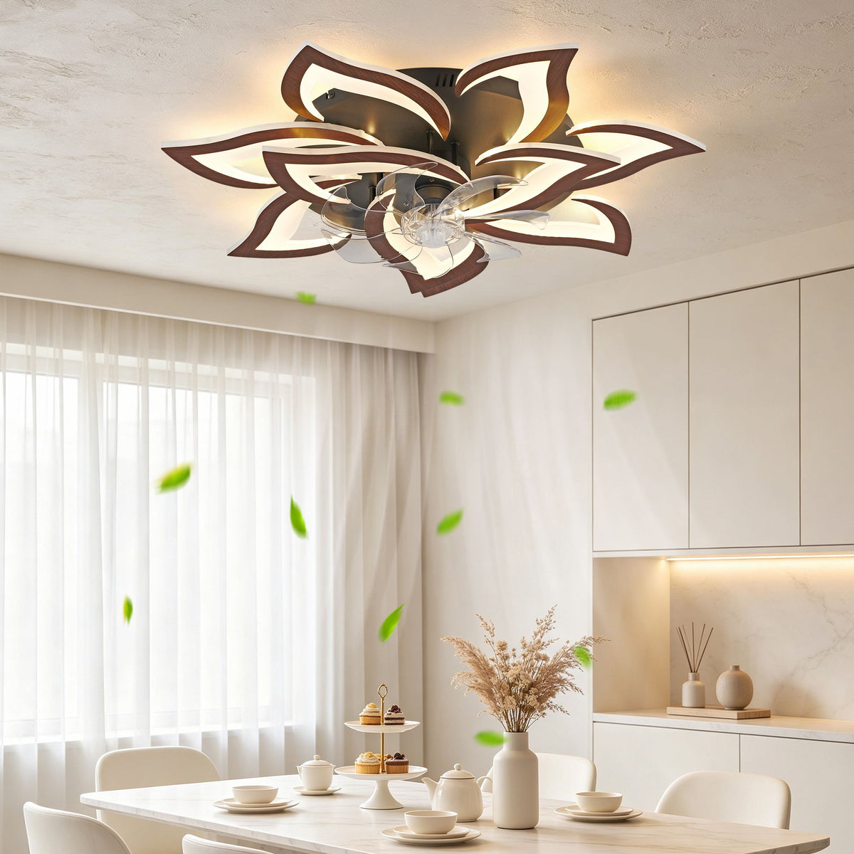 32" Flower Ceiling Fan With LED Dimmable Light, Low Profile Flush Mount Fan With Remote Control, 6 Speeds