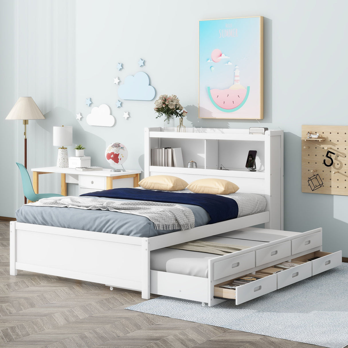 Platform Bed With Trundle, Drawers, USB Ports And Built In Shelves