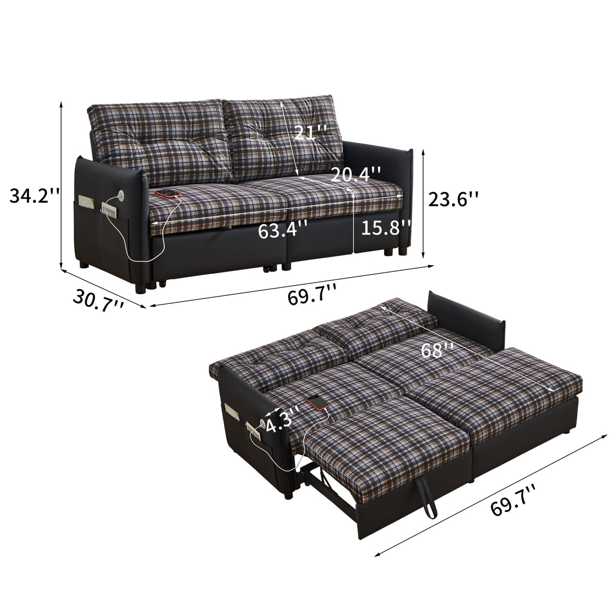 Sleeper Sofa, Expandable Sectional With Ottoman For Living Room - Black