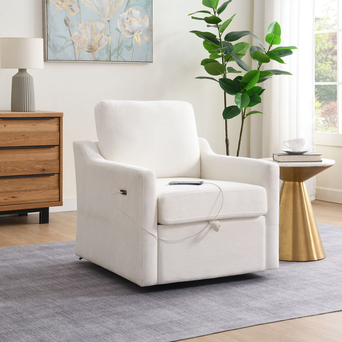 Swivel Arm Accent Chair, USB + Type C Charging And Book Pocket - White