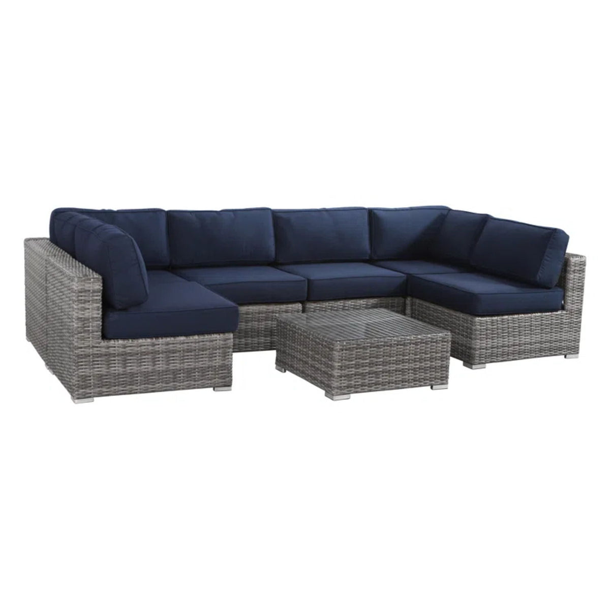 6 Person Outdoor Sofa Set With Premium Cushions, All Weather Wicker - Dark Blue / Gray Mix