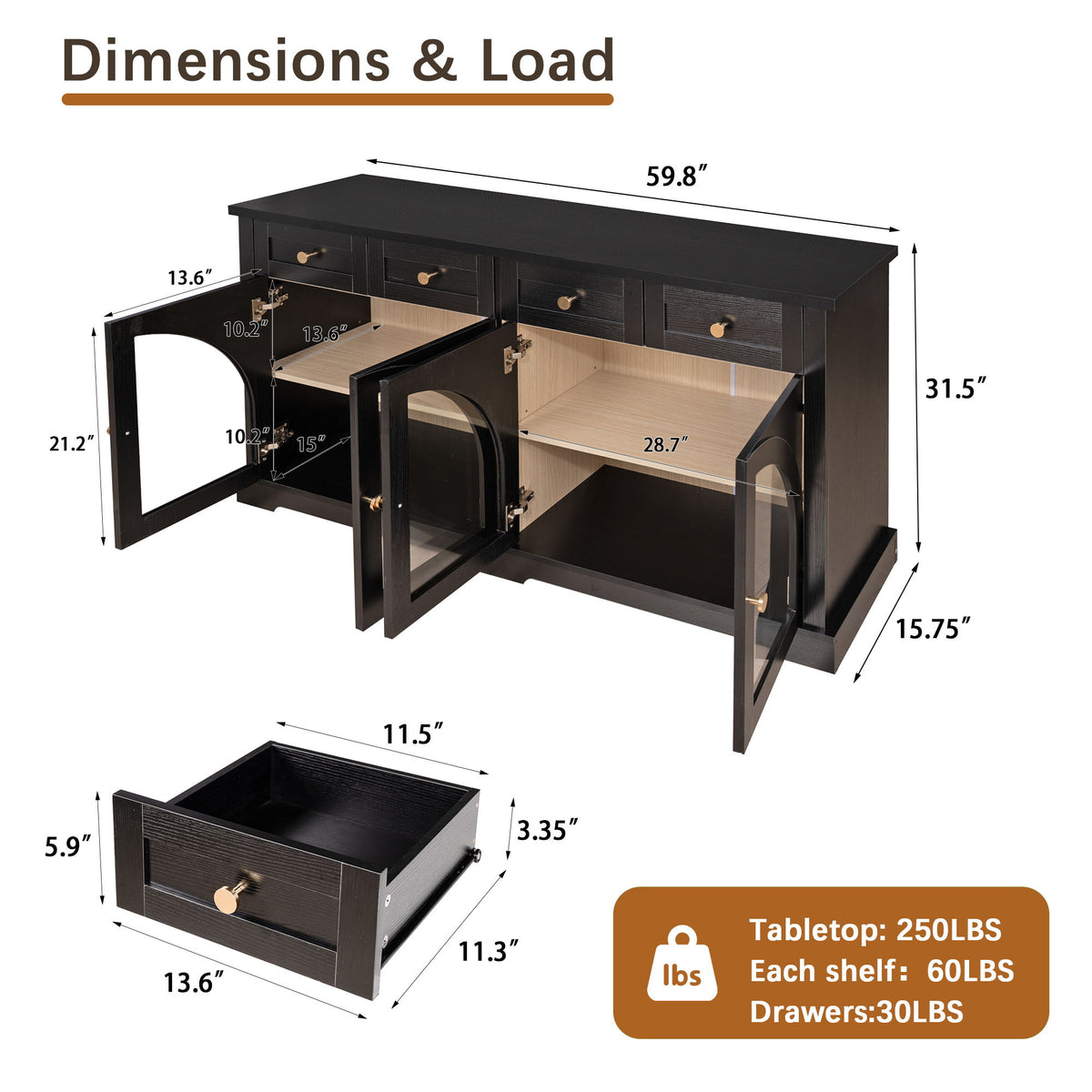 Sideboard Cabinet With 4 Drawers And 4 Arched Doors, Accent Storage Cabinet With Adjustable Shelves For Dining Room - Black
