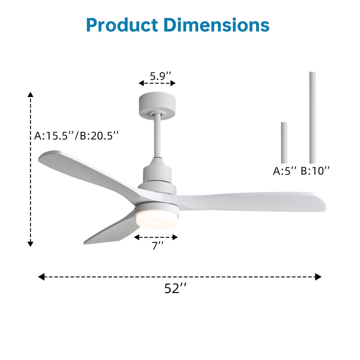 52" Blade Ceiling Fan With Remote Controlled LED Light And Quiet DC Motor - White