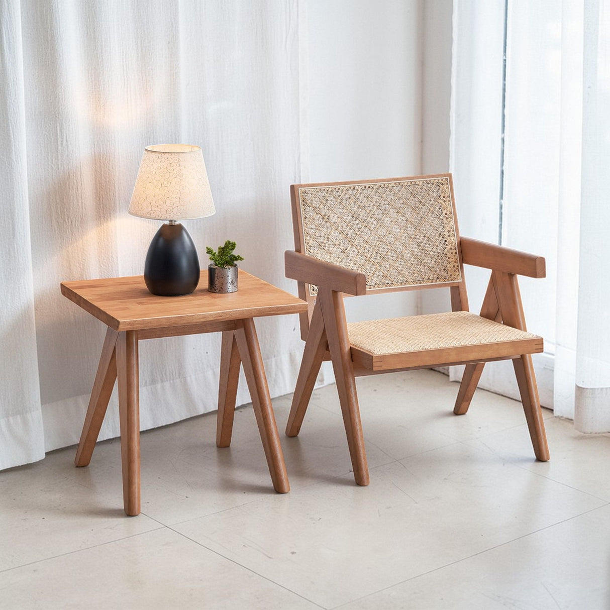 Armchair And Matching Square End Table, 2 Piece Living Room Set - Natural