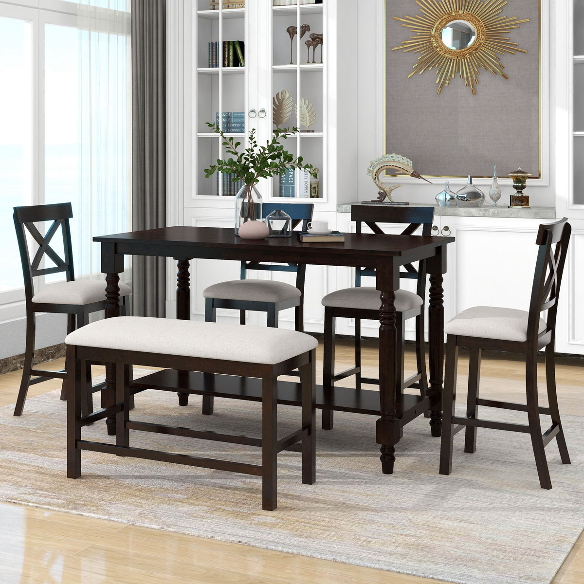 Counter Height Dining Set With Shelf, 4 Chairs And Bench
