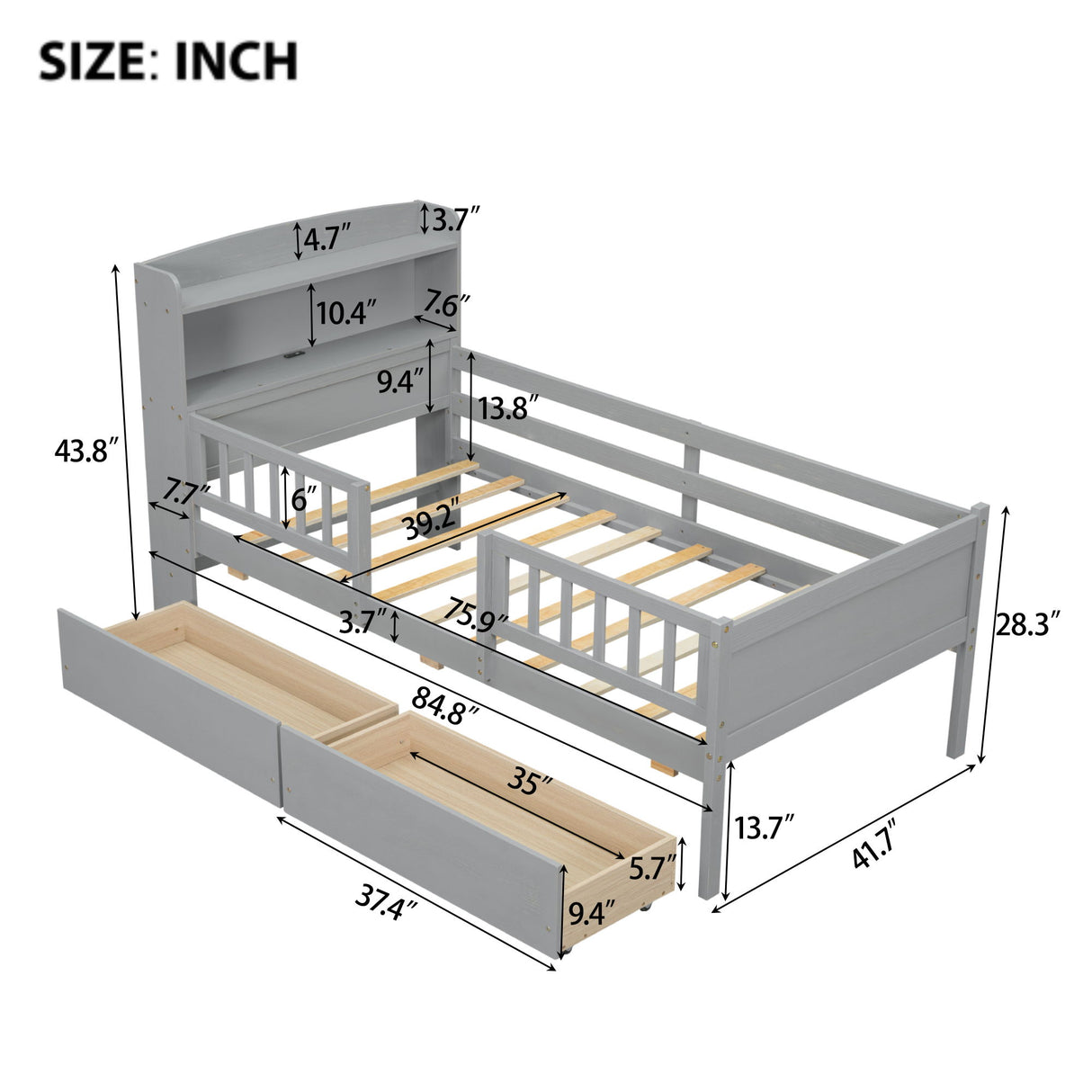 Platform Bed With LED Light, Multi Functional Headboard, Guardrail And 2 Drawers