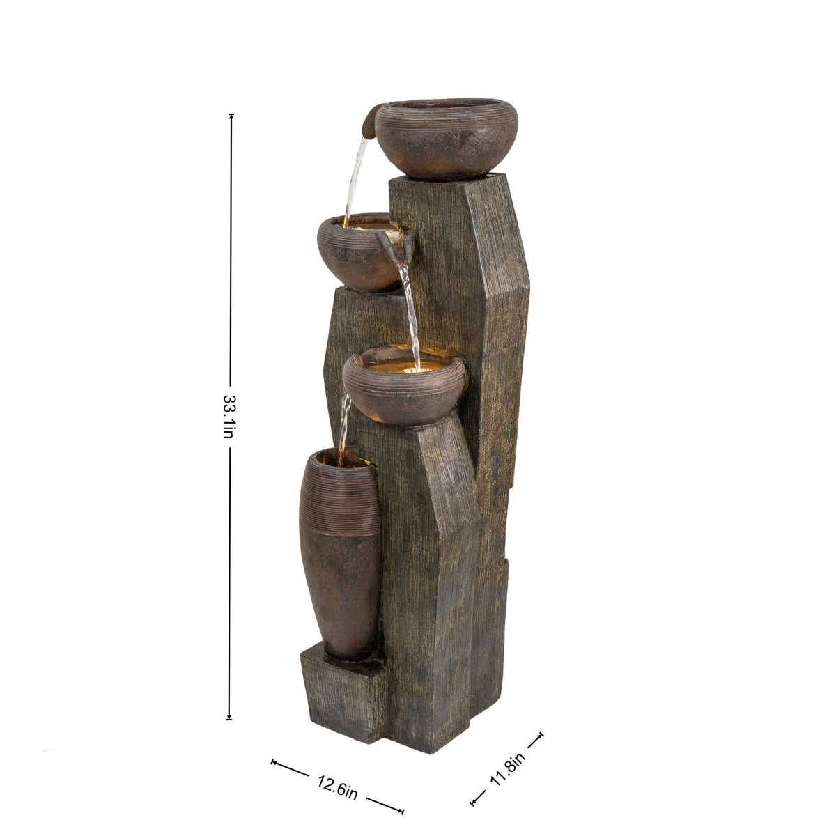 Outdoor Water Fountain, 4 Tier Cascading Bowl With Warm LED Lights For Patio - Brown / Tan