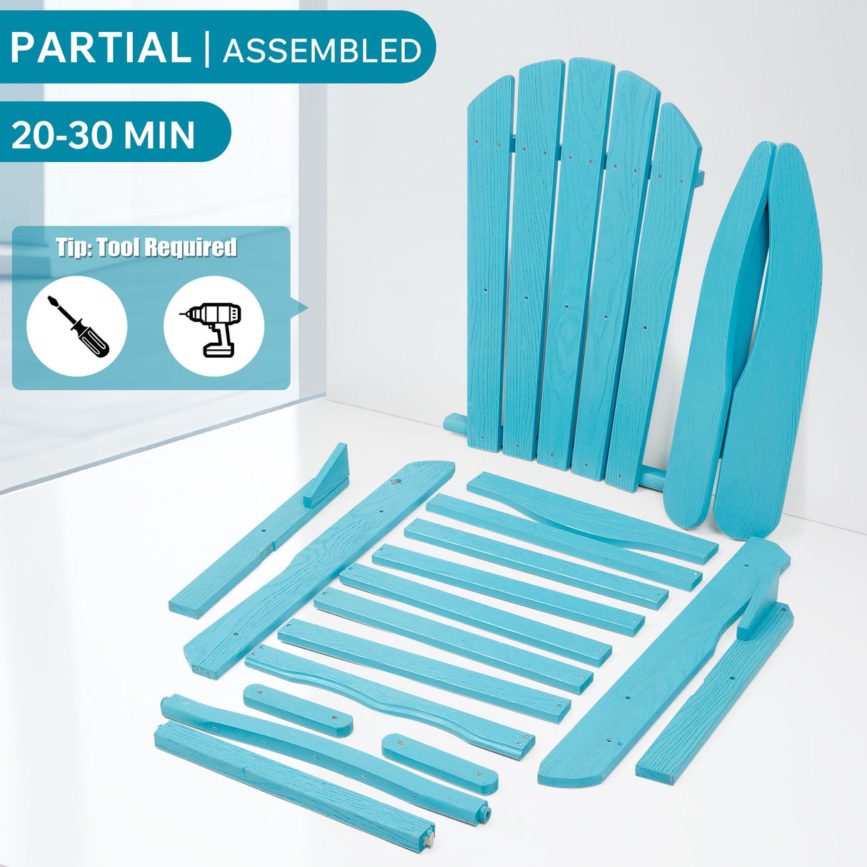 Outdoor Folding Adirondack Chair Patio With Natural Grain Texture - Turquoise Blue