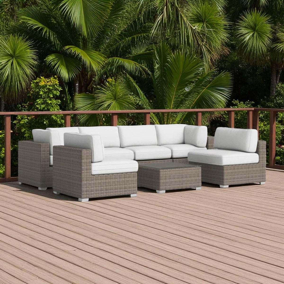 6 Person All Weather Wicker Patio Set With Premium Cushions - Gray Mix