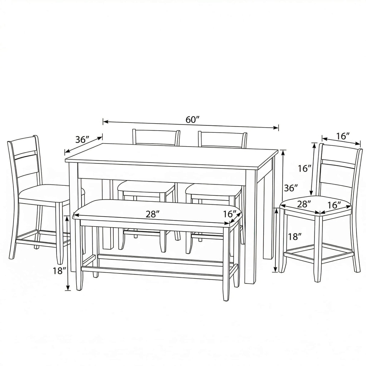 6 Piece Dining Set With Table, Chairs And Bench - Brown
