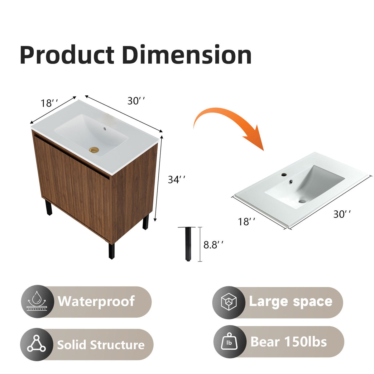 Bathroom Vanity With Ceramic Sink, Floor-Standing Design, Soft-Closing Drawers