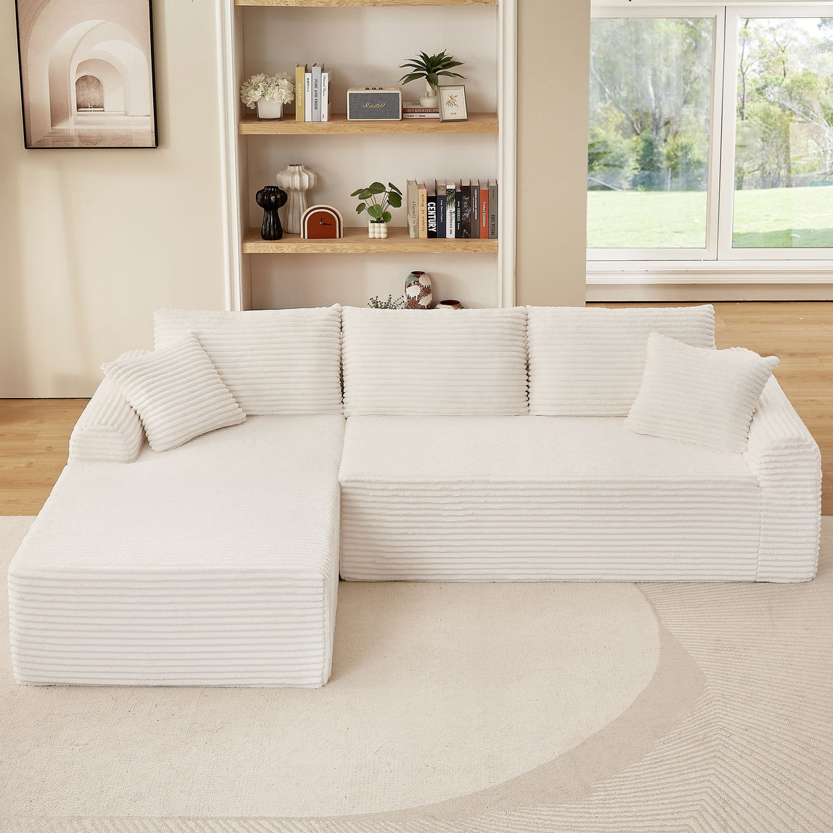 Full Compression Chaise Lounge Set Modular Corduroy Sectional With Arched Armrests Non Slip Base Includes 3 Back Cushions & 2 Throw Pillows - White