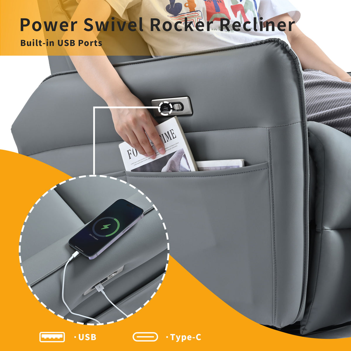 Power Swivel Rocker Recliner Chair, 270° Swivel Rocking Recliner Chair, Electric Small Recliners For Small Spaces, Single Sofa Recliner For Living Room - Blue / Gray