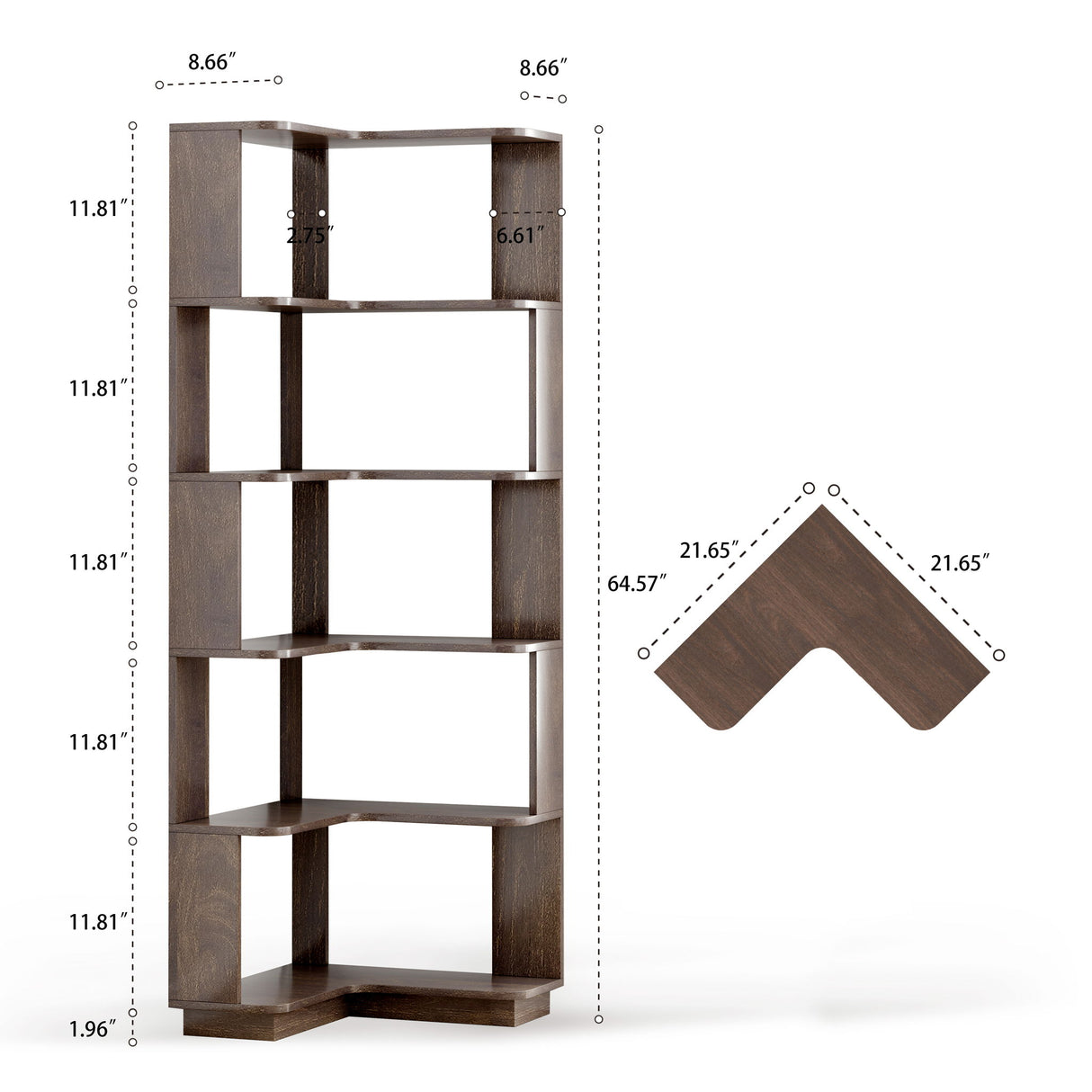 6 Tier Freestanding L-Shaped Corner Bookshelf For Living Room - Dark Brown