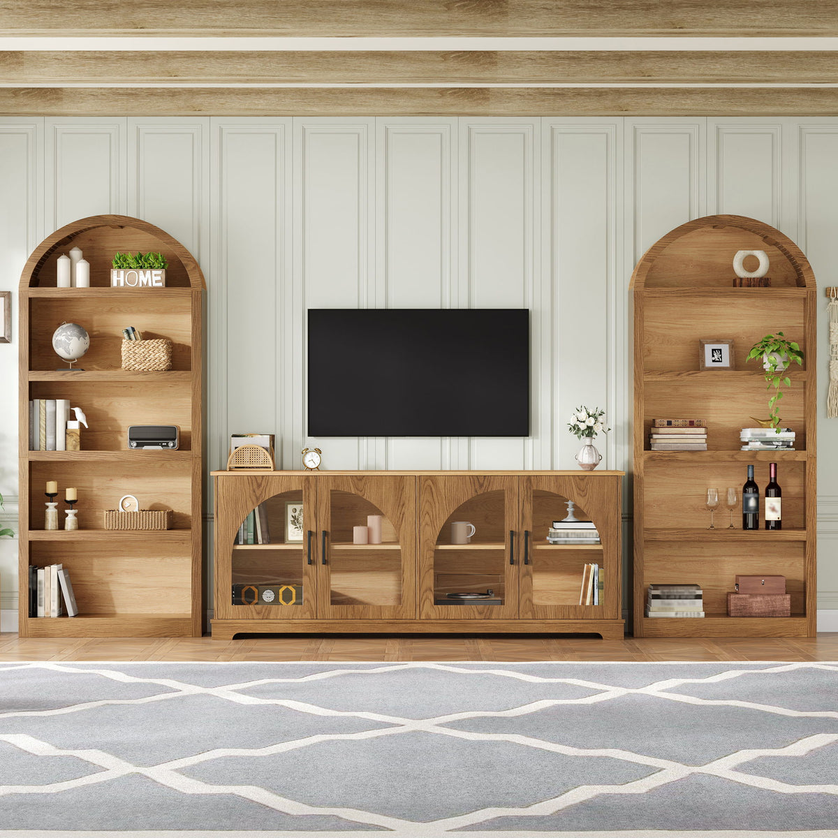 3 Piece TV Stand Set With Bookshel, Entertainment Center With Arched Design