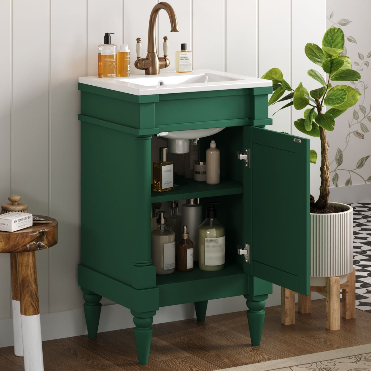 Bathroom Vanity With Sink, Storage Cabinet With Door, Freestanding Small Space Design, Drop In Sink - Green