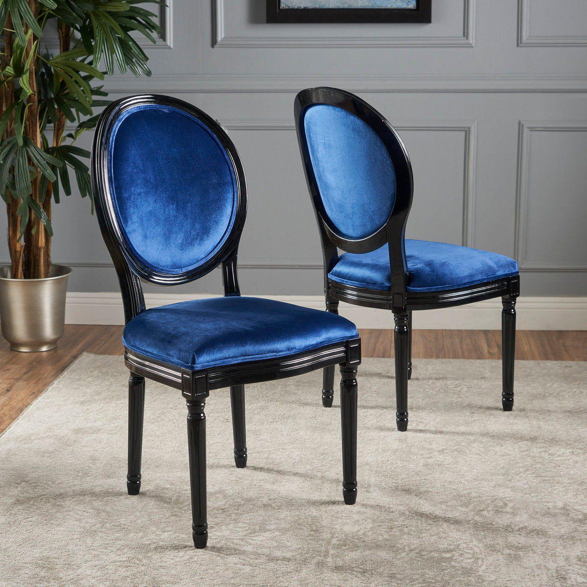 French Country Inspired Dining Chair With Iconic Round Backrest - Navy Blue