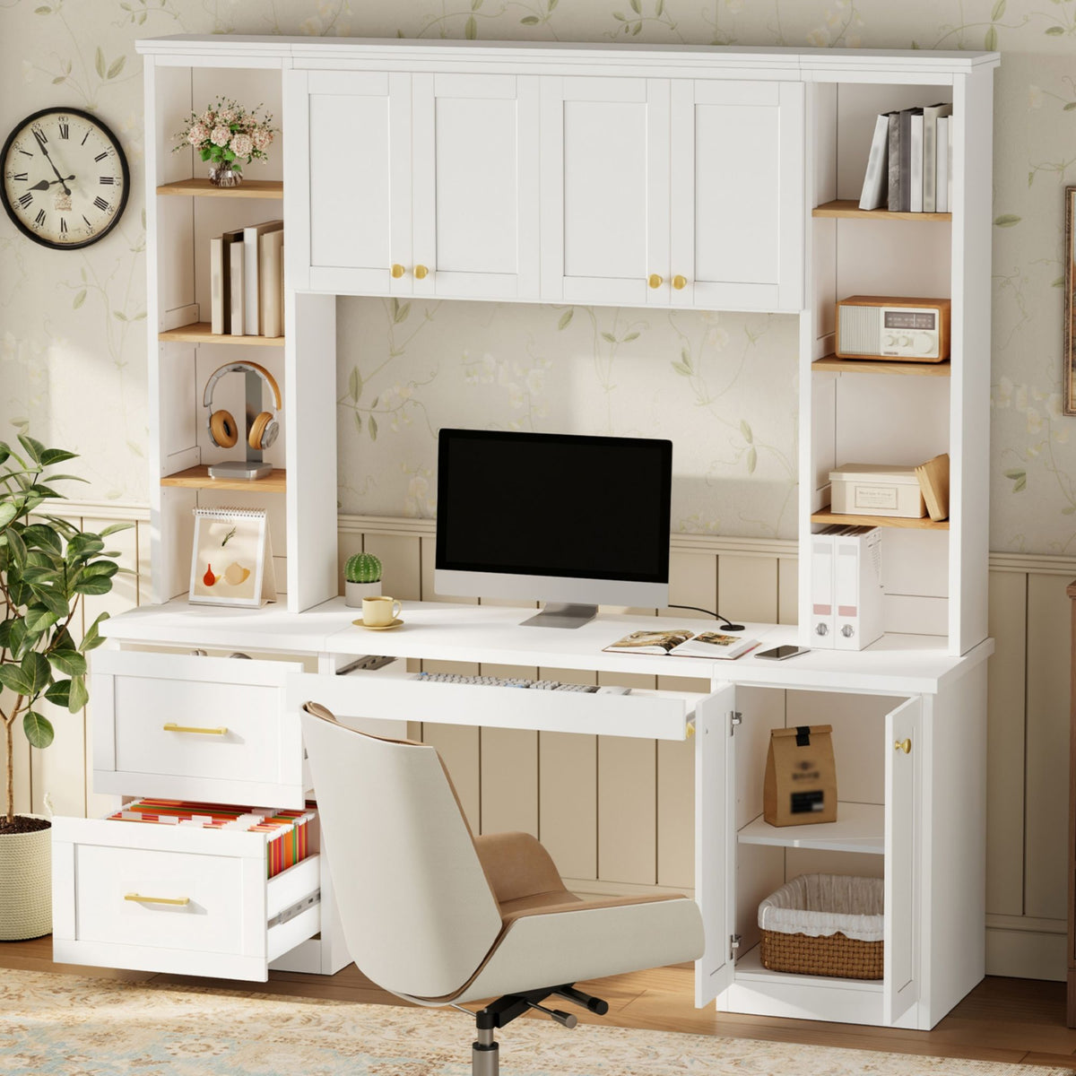 Computer Desk With Hutch, Workstation With Desk Grommet & Keyboard Tray