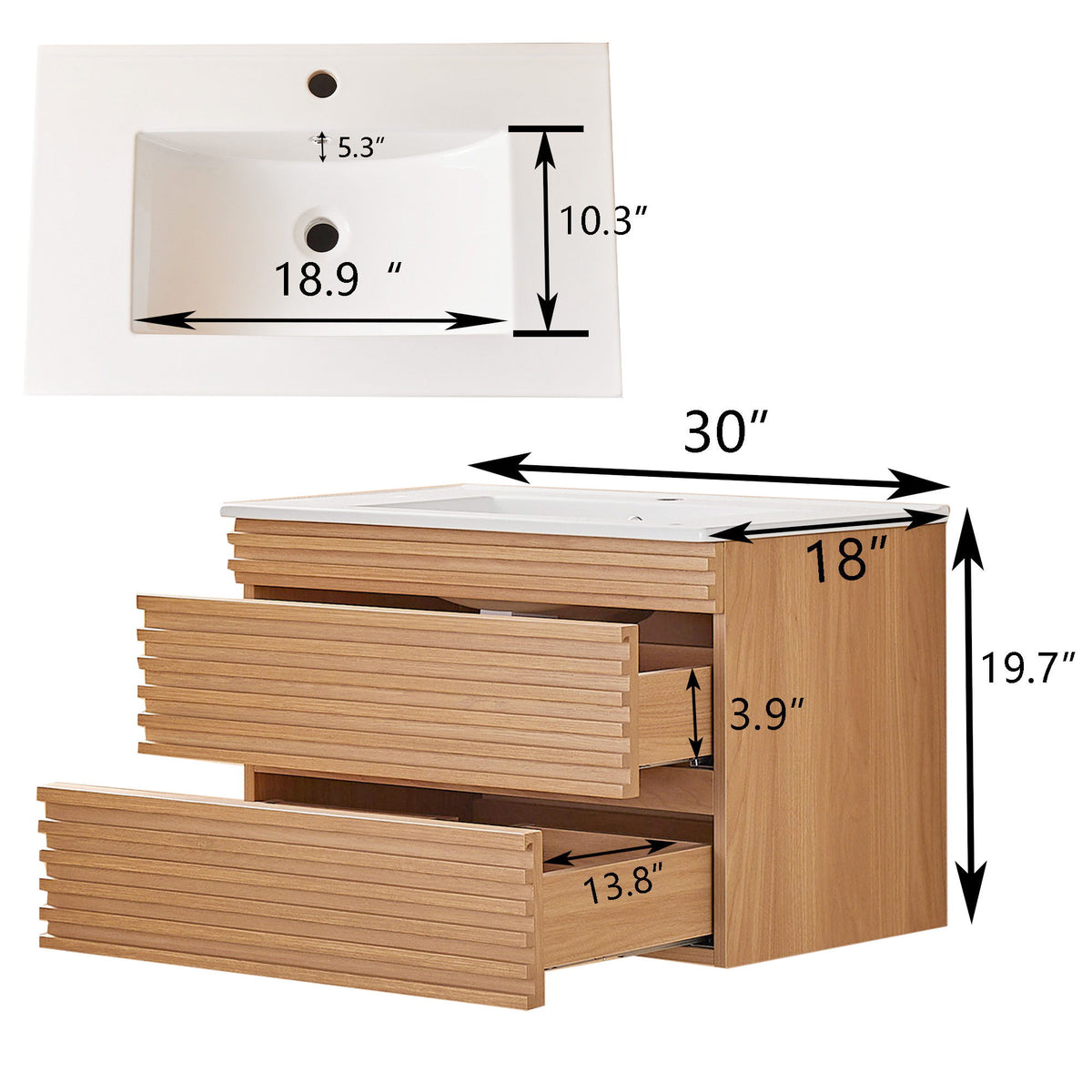 Wall Mounted & Floating Single Vanity With Ceramic Sink - Natural Walnut