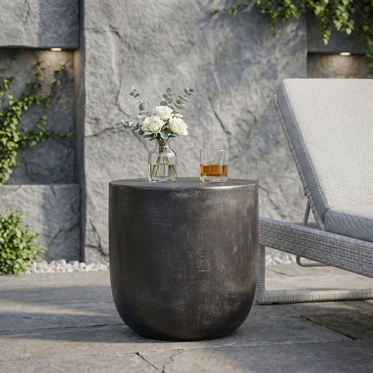 Outdoor Lightweight Concrete End Table With Natural Texture - Matte Black