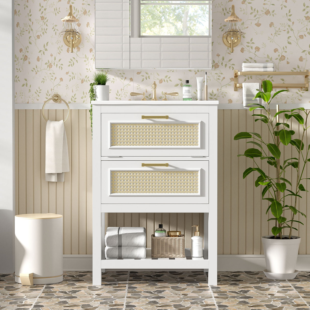 Modern Bathroom Vanity With Integrated Sink, Cabinet With 1 Deep Drawer And 1 Tip-Out Drawer
