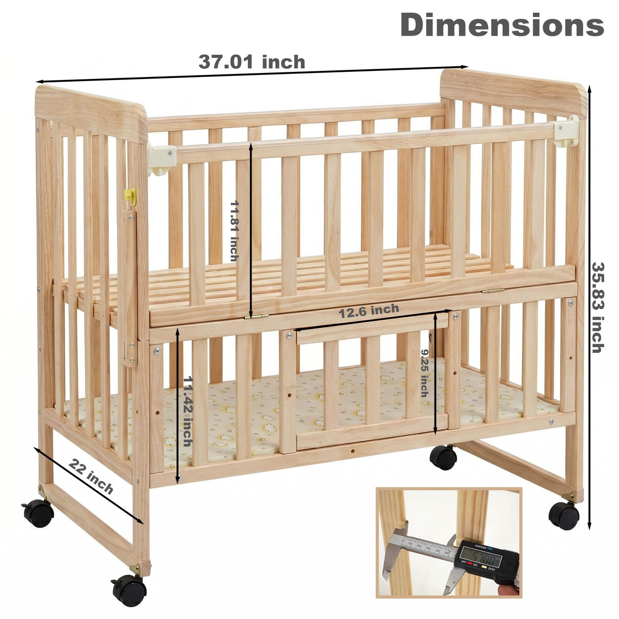 Portable Mini Baby Crib 5 In 1 Convertible With Foldable Storage - Natural Wood