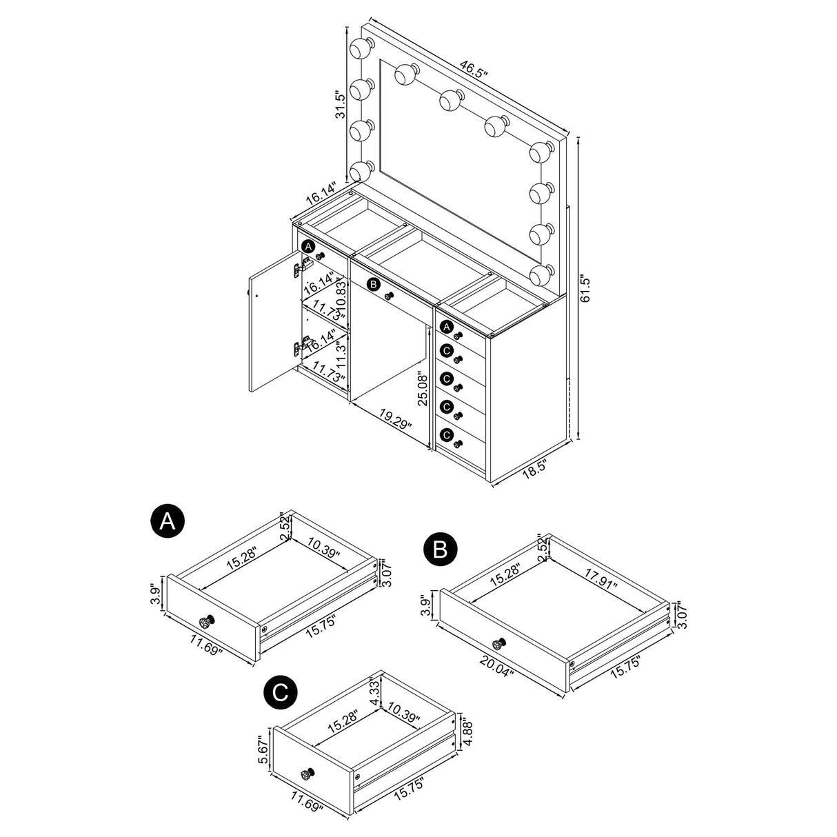 Fern - 7 Drawer Vanity Set With Mirror And Globe Lights