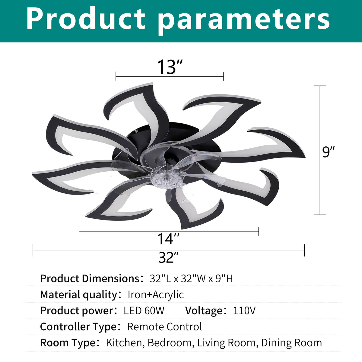 Flower Ceiling Fan With Remote Controlled LED Light, Flush Mount DC Motor Fan