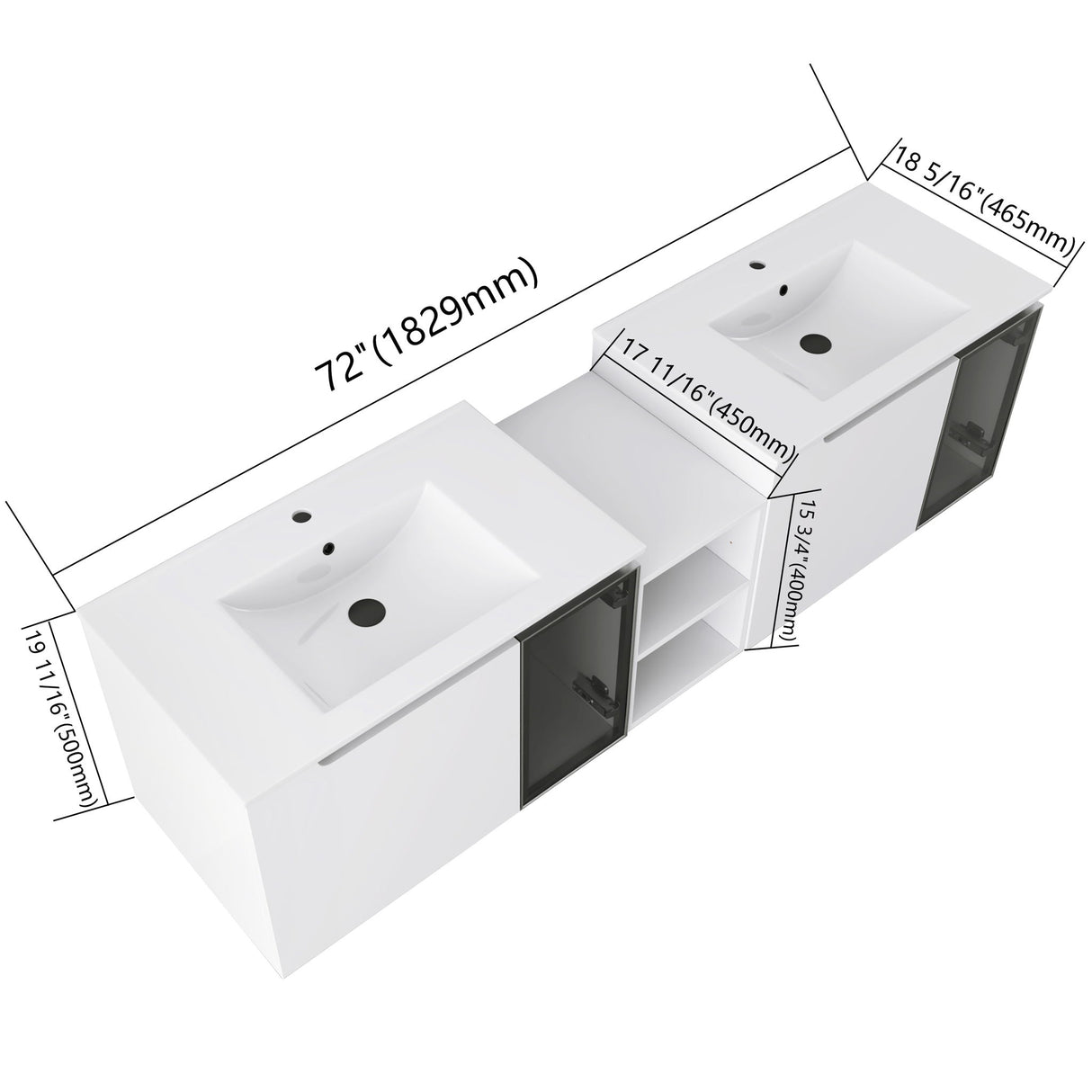 Wall Mounted Bathroom Vanity With Sink, Soft Close Doors, Cabinet & Half Door