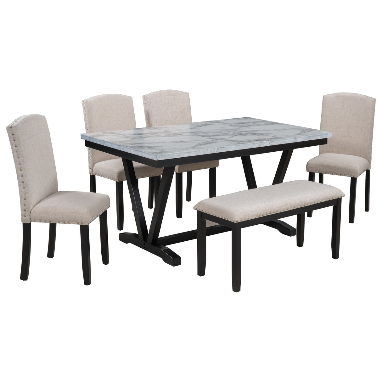 6 Piece Dining Set With V - Legs - White