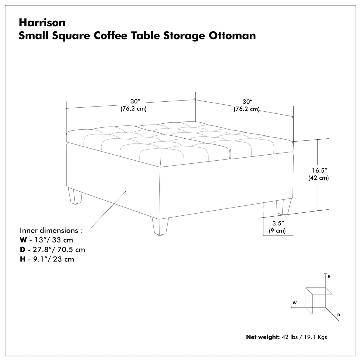 Harrison - Small Square Coffee Table Storage Ottoman - Gray