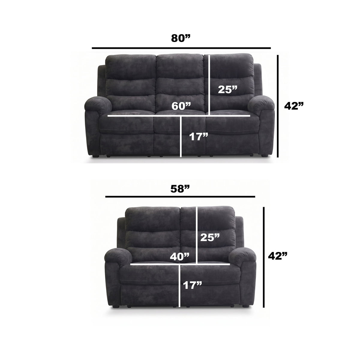 2 Piece Reclining Sofa Set, 3 Seat Sofa & 2 Seat Loveseat, 150° Recline - Dark Gray